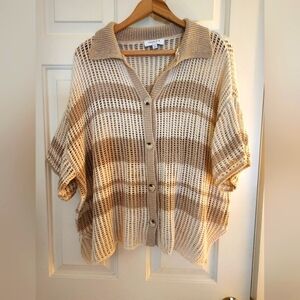 Gilli Short Sleeve Sweater Tan & Cream Size Large Button Up Beach Coastal Resort